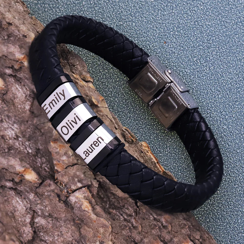Custom Family Names Beads Personalized Mens Leather Bracelet Stainless Steel Charm Bangle Fashion Jewelry Gift for Men Dad
