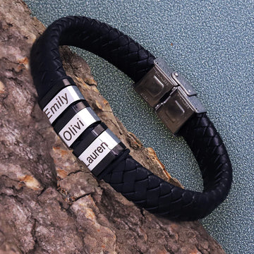 Custom Family Names Beads Personalized Mens Leather Bracelet Stainless Steel Charm Bangle Fashion Jewelry Gift for Men Dad