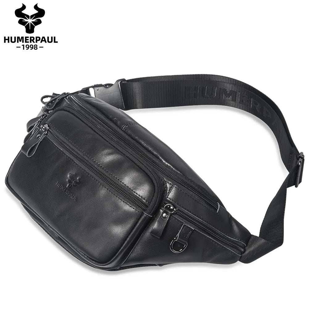 HUMERPAUL Genuine Leather Waist Bag Casual Fanny Pack For Men Multifunction Outdoor Chest Bag Phone Pouch Travel Crossbody Bages
