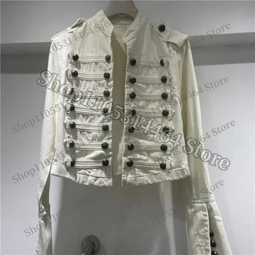 Spring Autumn Vintage Blue Slim Short Jeans Jacket Women Stand Collar Multi-breasted Design Long Sleeve Denim Jacket  Streetwear