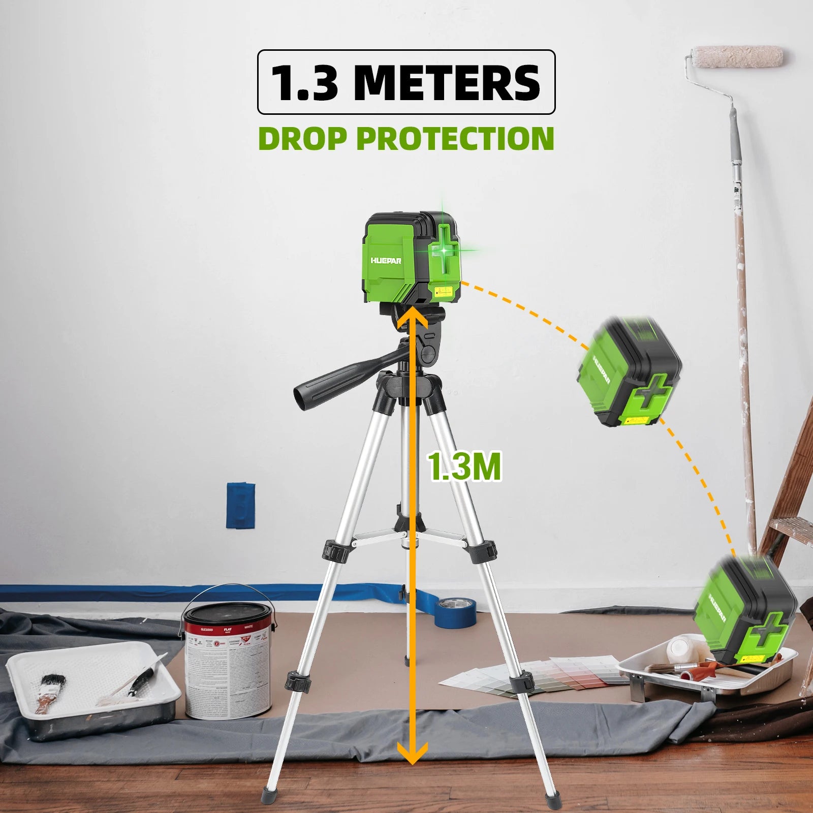 Huepar 2 Lines Laser Level with Tripod 98Ft Self-Leveling Horizontal & Vertical Green Cross Line Laser with Carrying Bag