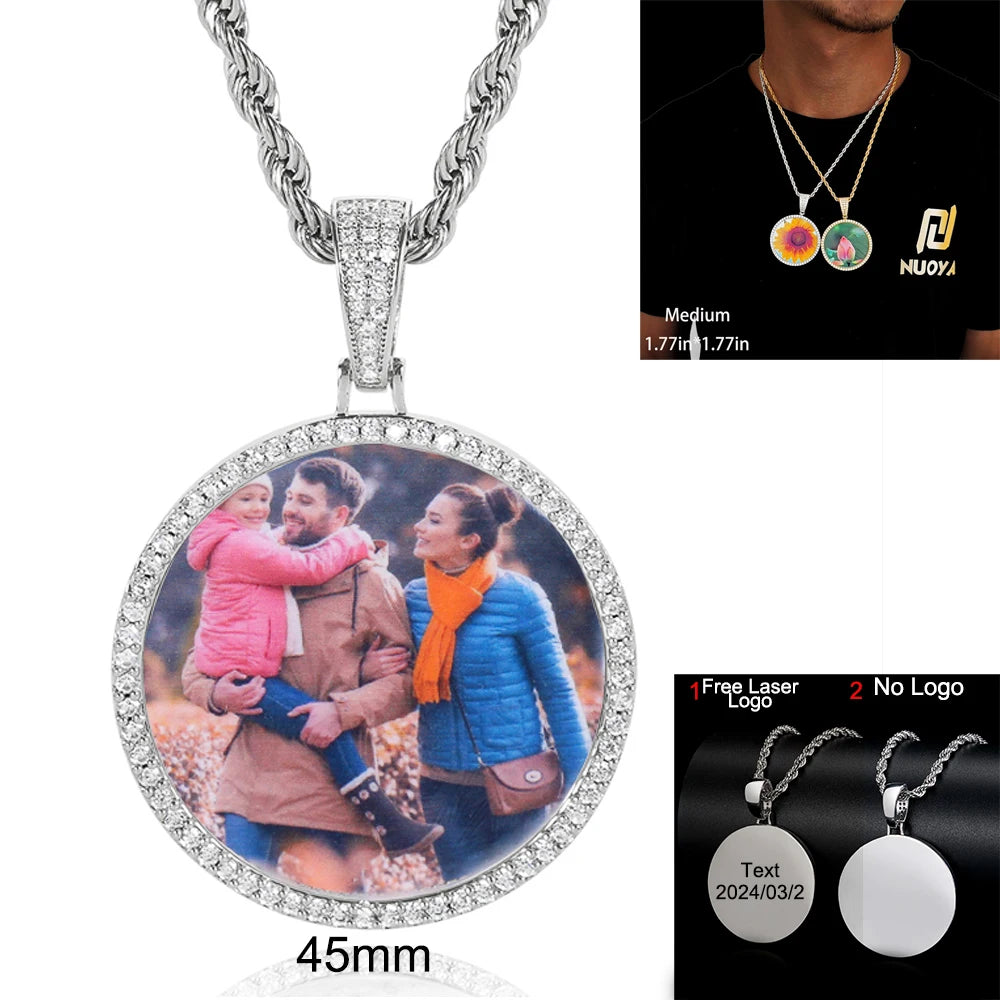 Custom Photo Necklace Circle Chain Personalized Medallion Memory Picture Pendant Solid Back Zircon Hip Hop Jewelry Free Engrave