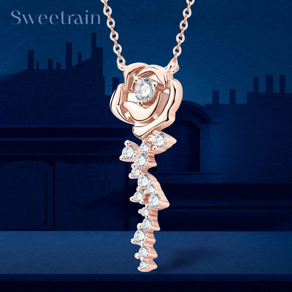 Rose Gold Full Moissanite Necklace Original Certified 18k Gold Plated 925 Silver Rose Flower Choker Chains for Women Jewelry GRA