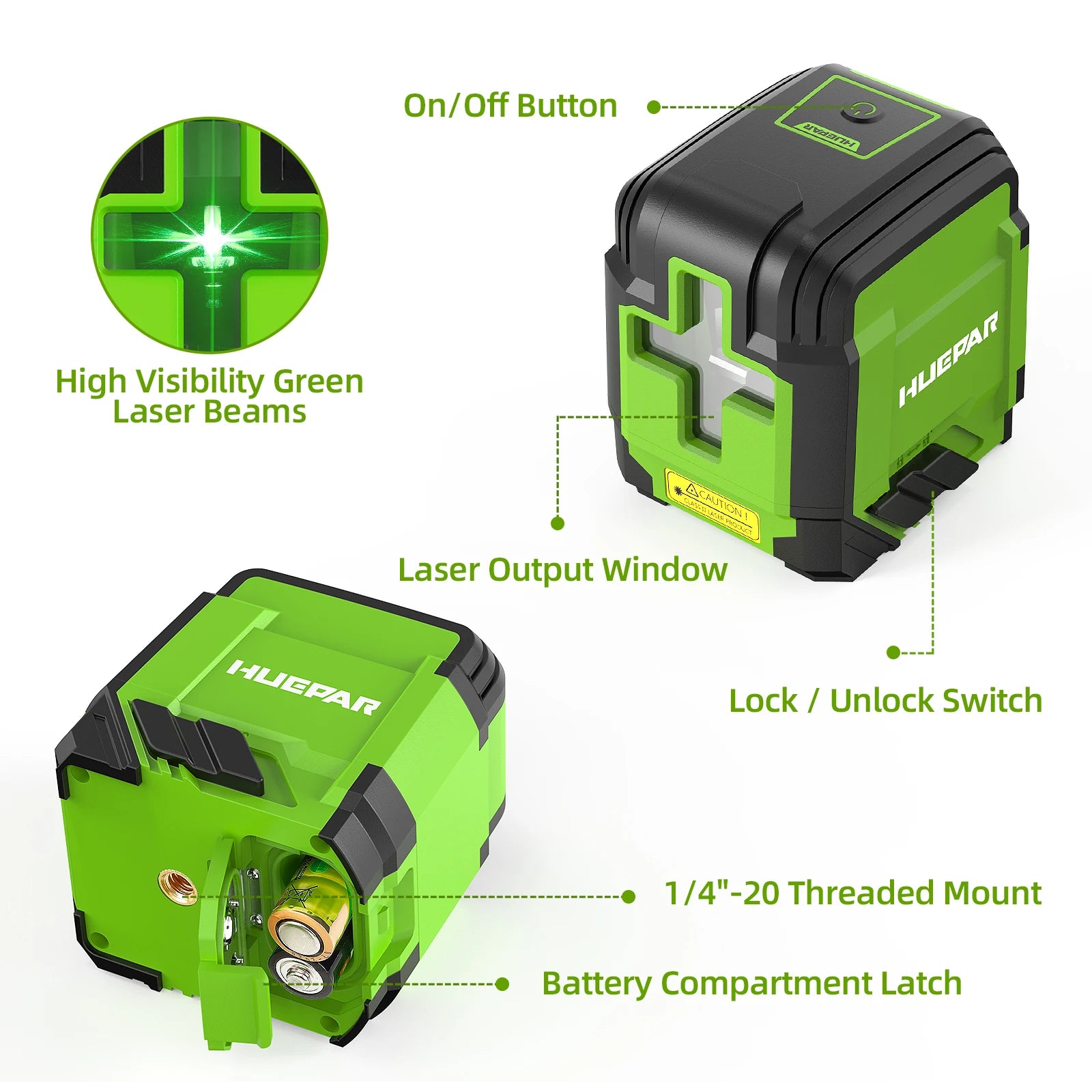 Huepar 2 Lines Laser Level with Tripod 98Ft Self-Leveling Horizontal & Vertical Green Cross Line Laser with Carrying Bag