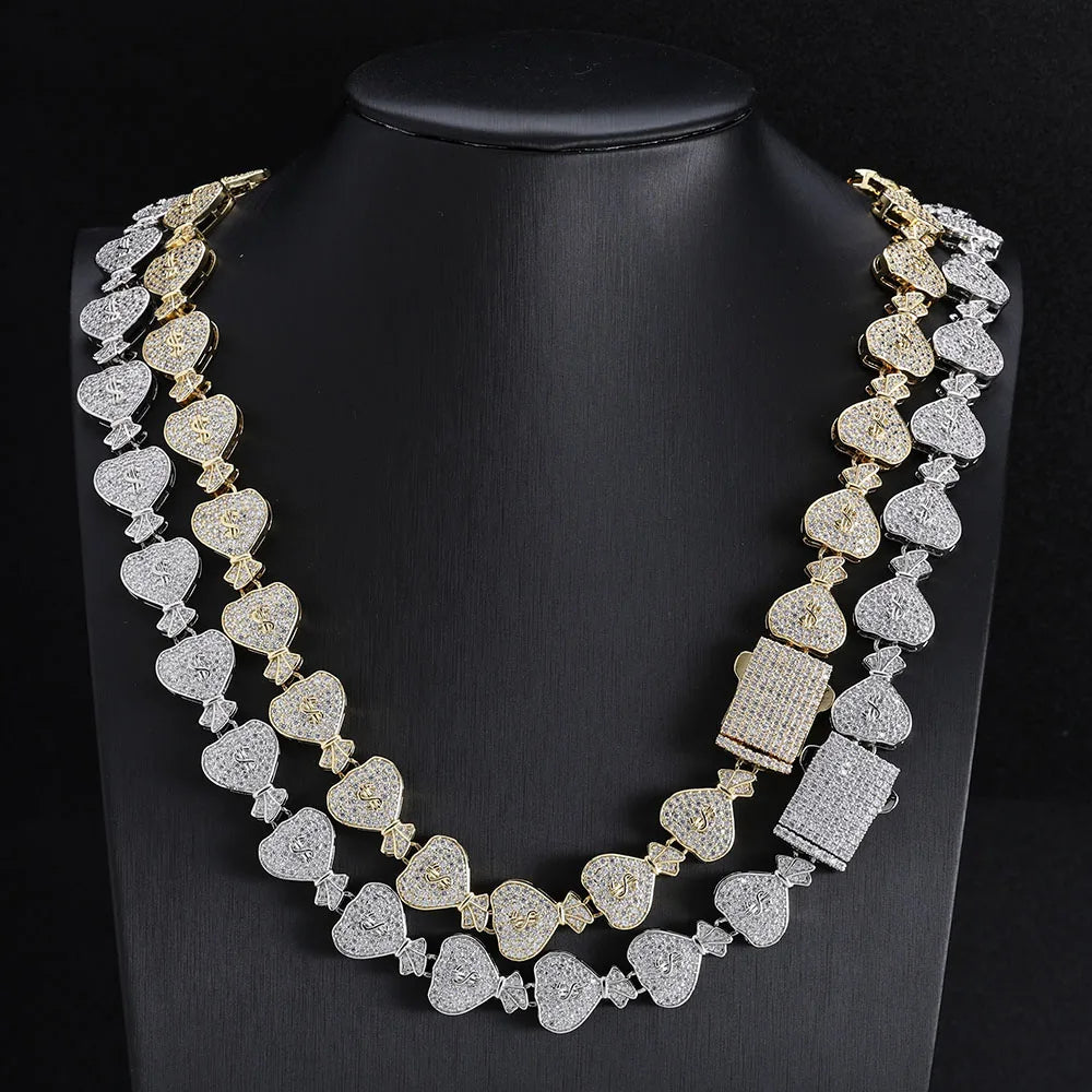 Hip Hop Rapper Jewelry Iced $ Money Bag Necklace Micro Pave CZ Zirconia USD Money Bag Cuban Chain Necklace for Men Women ﻿