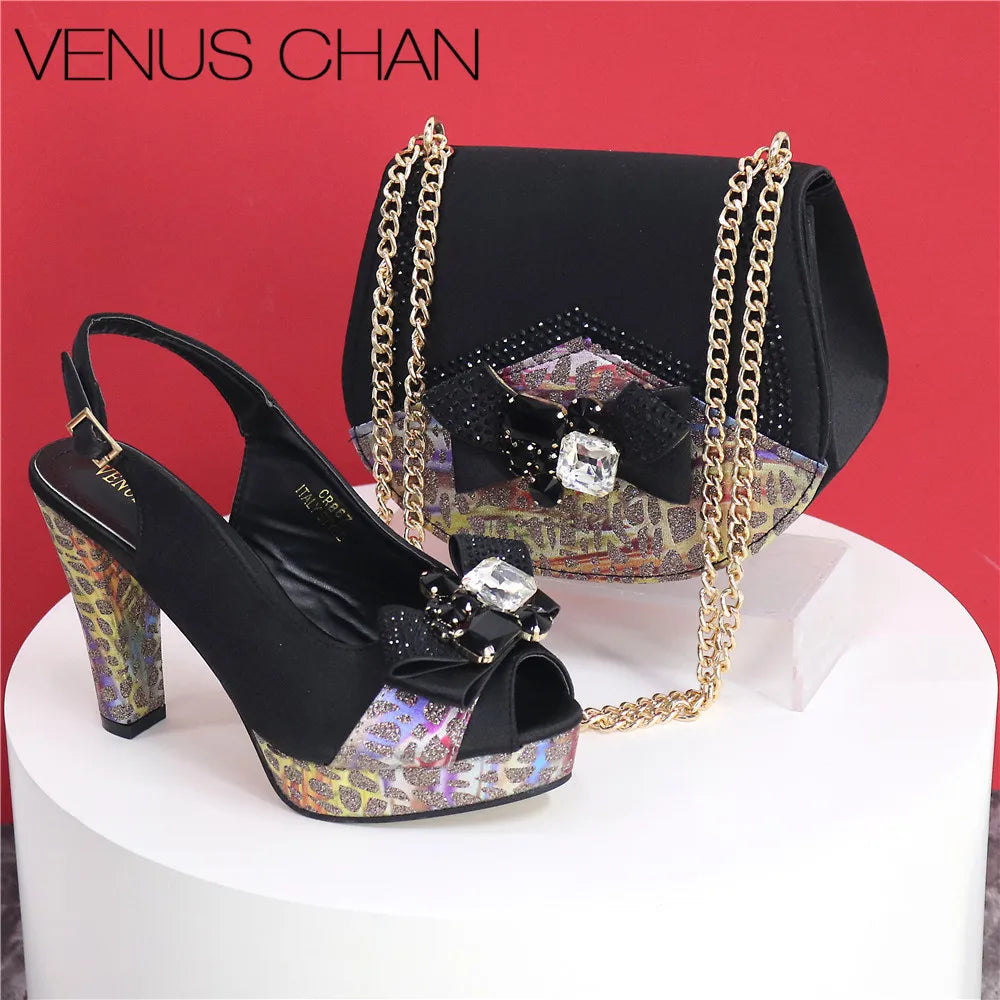 Italian Design Shoes and Bags Matching Set Women High Heel Party Black Color Nigeria Wedding Bigger Size Shoes