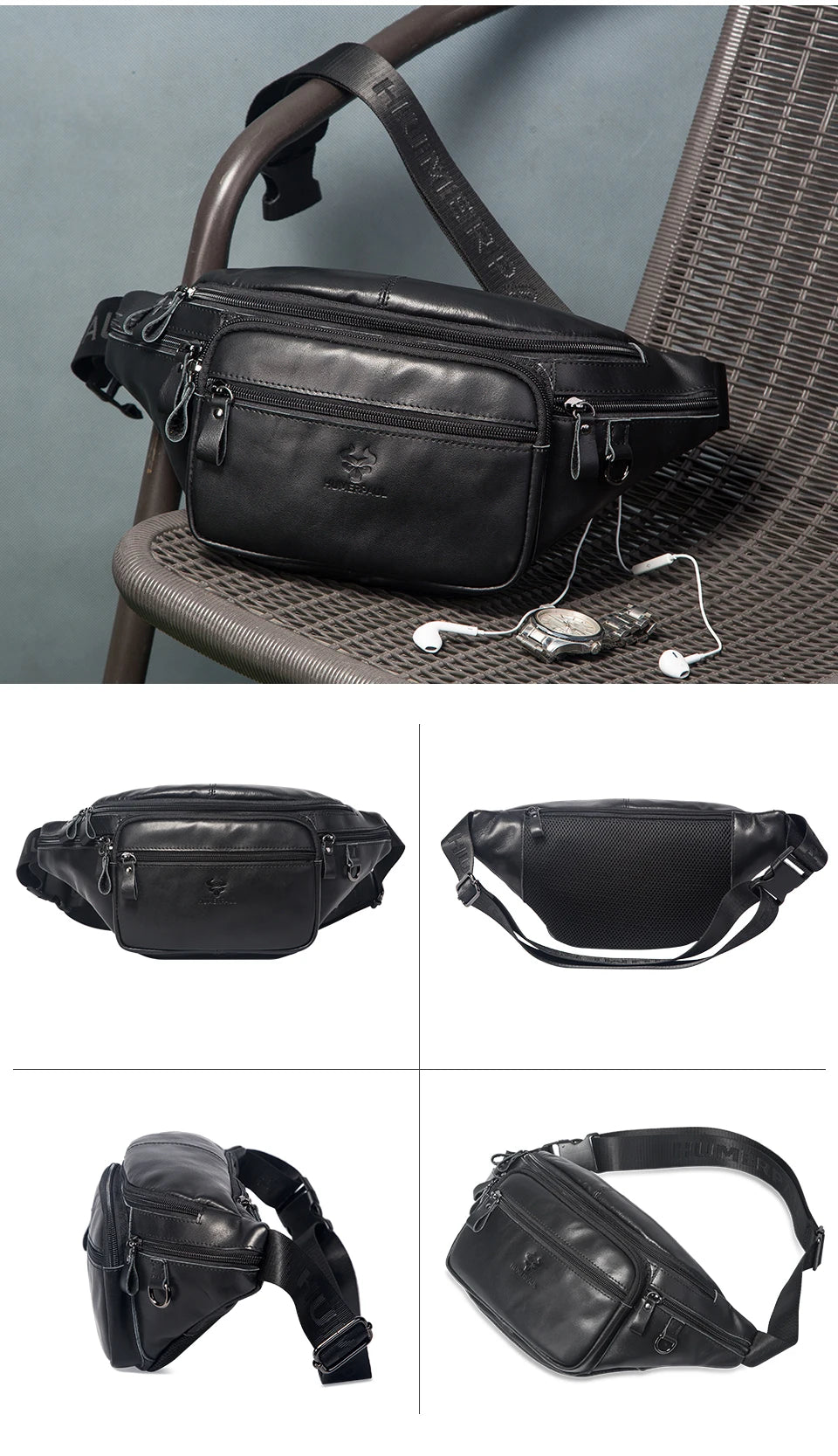 HUMERPAUL Genuine Leather Waist Bag Casual Fanny Pack For Men Multifunction Outdoor Chest Bag Phone Pouch Travel Crossbody Bages