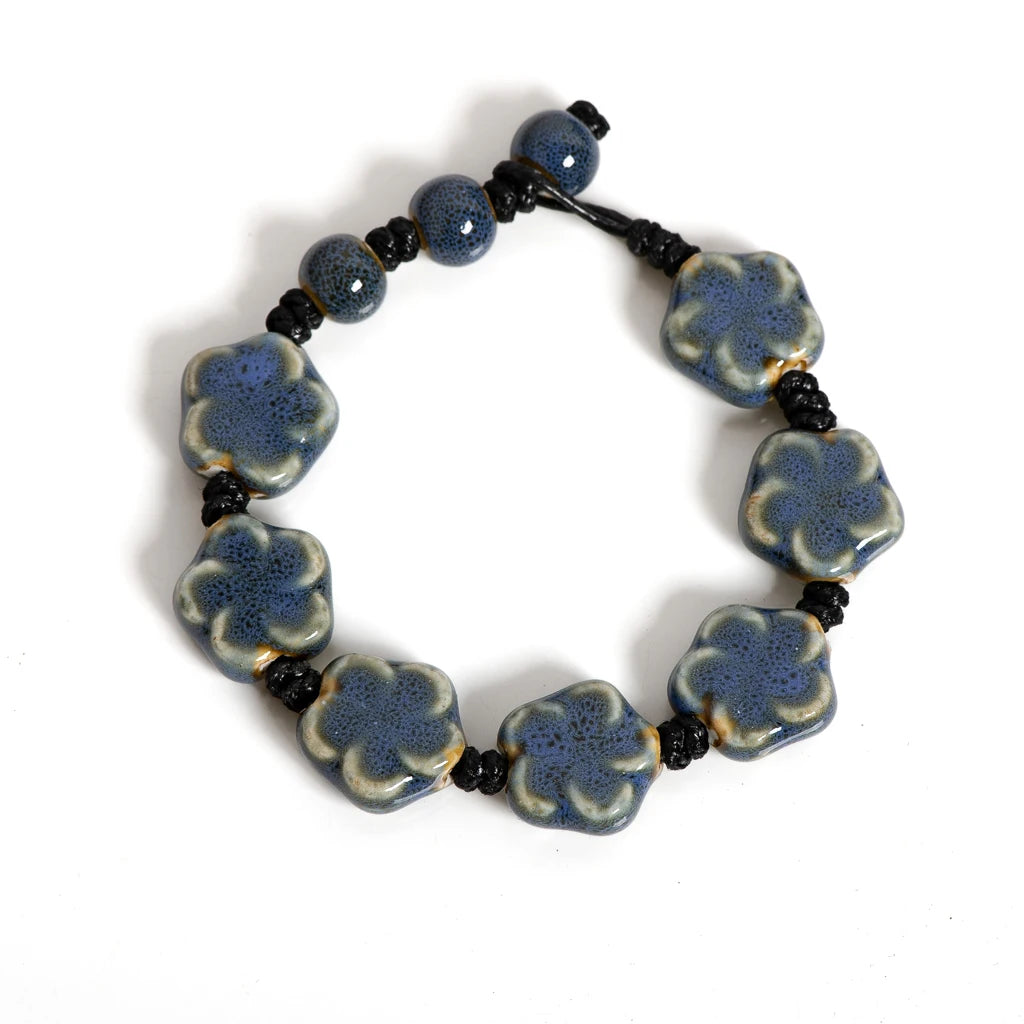 Handmade Ceramic Flower Bracelet 16–18cm Adjustable Cord Jewelry with Pink or Purple Glazed Beads for DIY Boho Style S02-057
