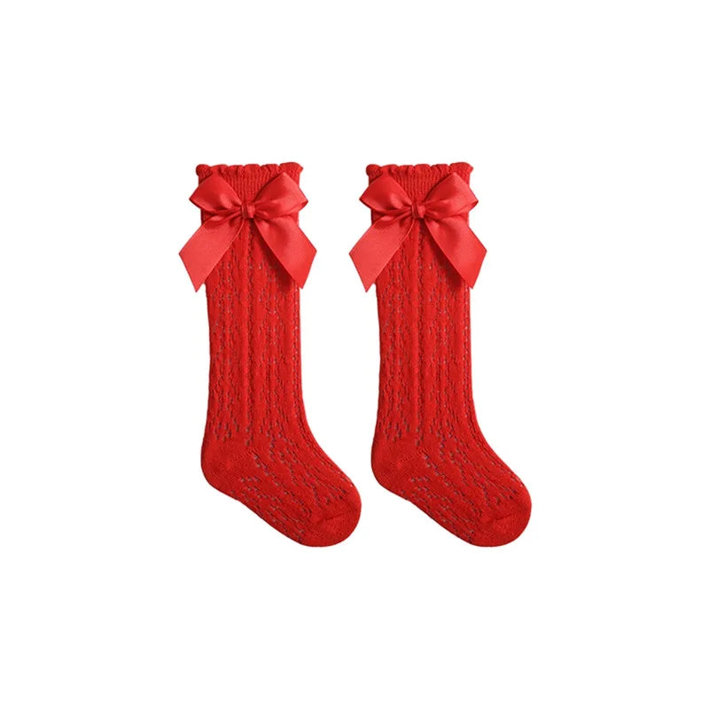 0-3years Infant Baby Girls Long Stockings Princess Solid Color Cute Bowknot Socks Spring Summer Thin Mesh Over-The-Knee Socks