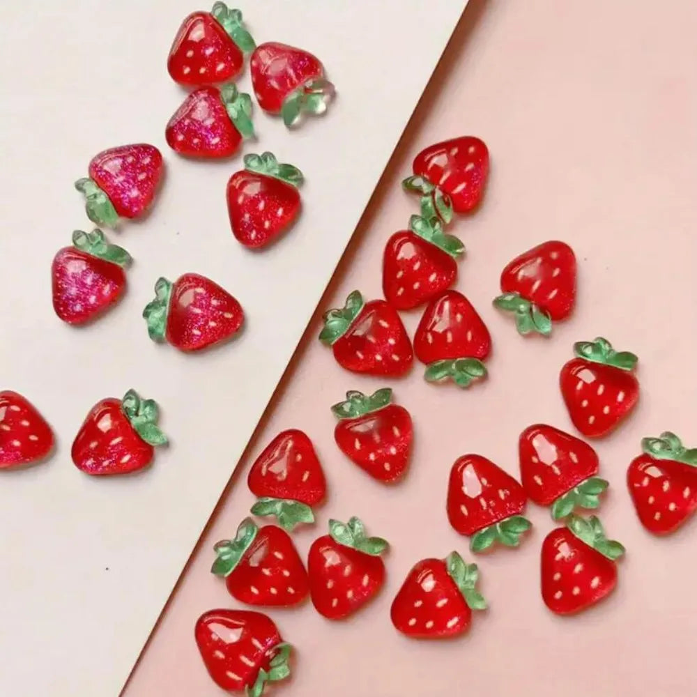 50pcs 3D Strawberry Cute Nail Charms Cartoon Fruit Flatback Resin Rhinestone Gems Red Strawberry Designs Nail Decoration Jewelry
