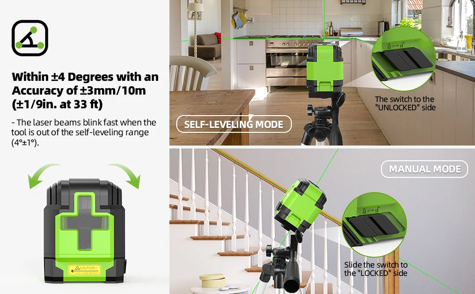 Huepar 2 Lines Laser Level with Tripod 98Ft Self-Leveling Horizontal & Vertical Green Cross Line Laser with Carrying Bag