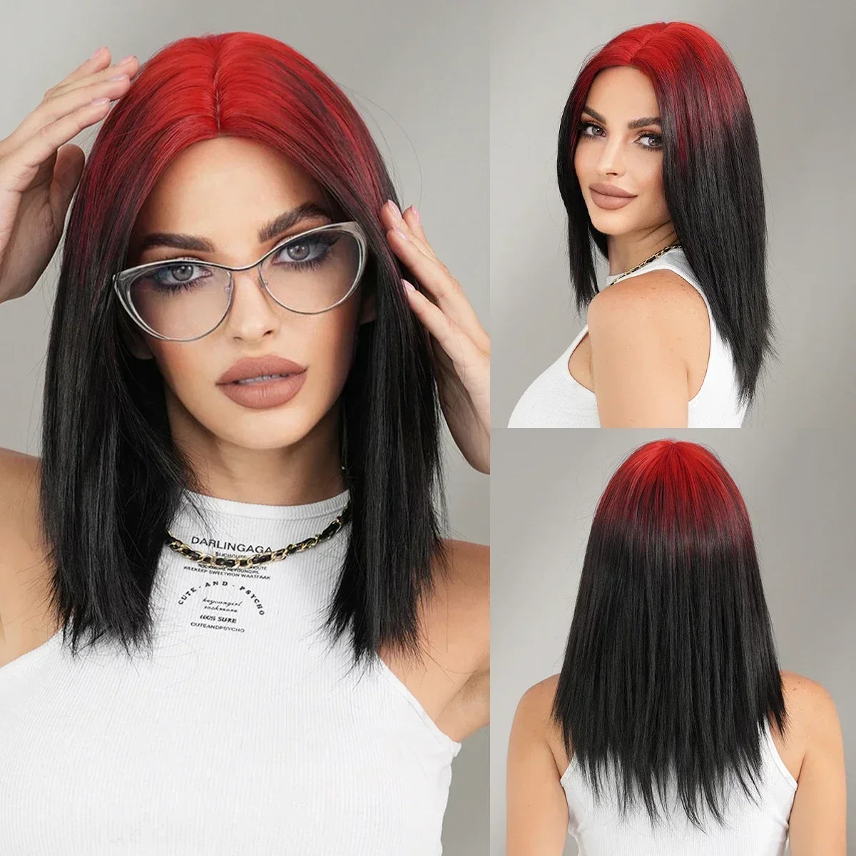 NAMM Synthetic Shoulder Length Middle Part Green Ombre Black Wigs Wigs for Women Daily Party High Density Green Root Wigs