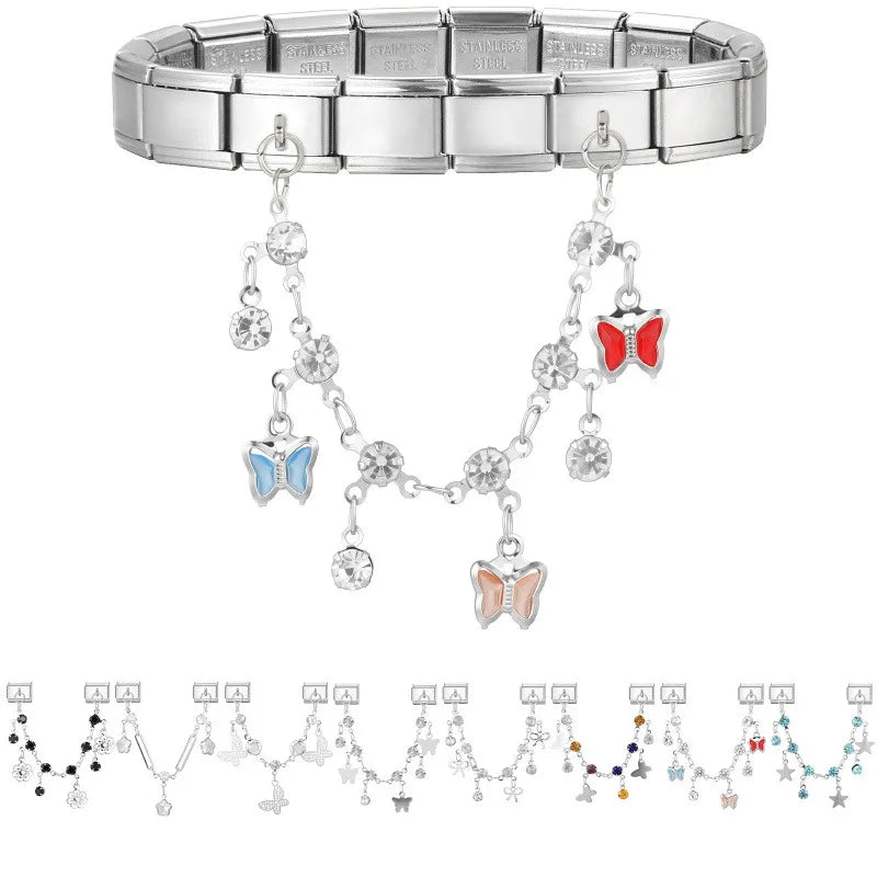 Star Butterfly Heart Zircon Round Pearls Tassel Chain Italian Charm Links Fit 9mm Bracelet Stainless Steel Women DIY Making Gift