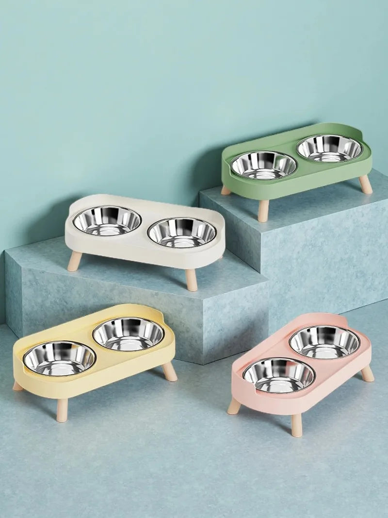 Fashion Pet Food And Water Station Dual Stainless Steel Bowls with Neck Support for Cats And Dogs