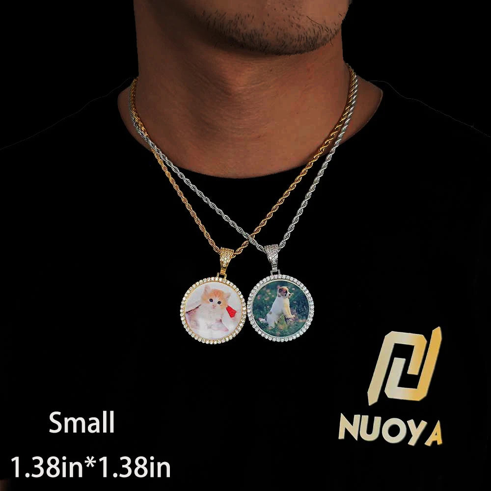 Custom Photo Necklace Circle Chain Personalized Medallion Memory Picture Pendant Solid Back Zircon Hip Hop Jewelry Free Engrave