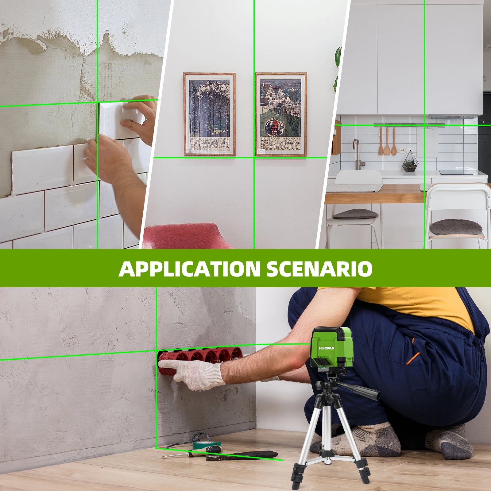 Huepar 2 Lines Laser Level with Tripod 98Ft Self-Leveling Horizontal & Vertical Green Cross Line Laser with Carrying Bag
