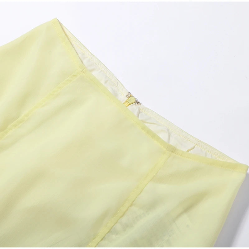 Casual Yellow Top Long Skirts Sets Women Sleeveless Lace Up Tops Straight Slit Skirt 2026 Summer Holiday Street Lady Solid Suits