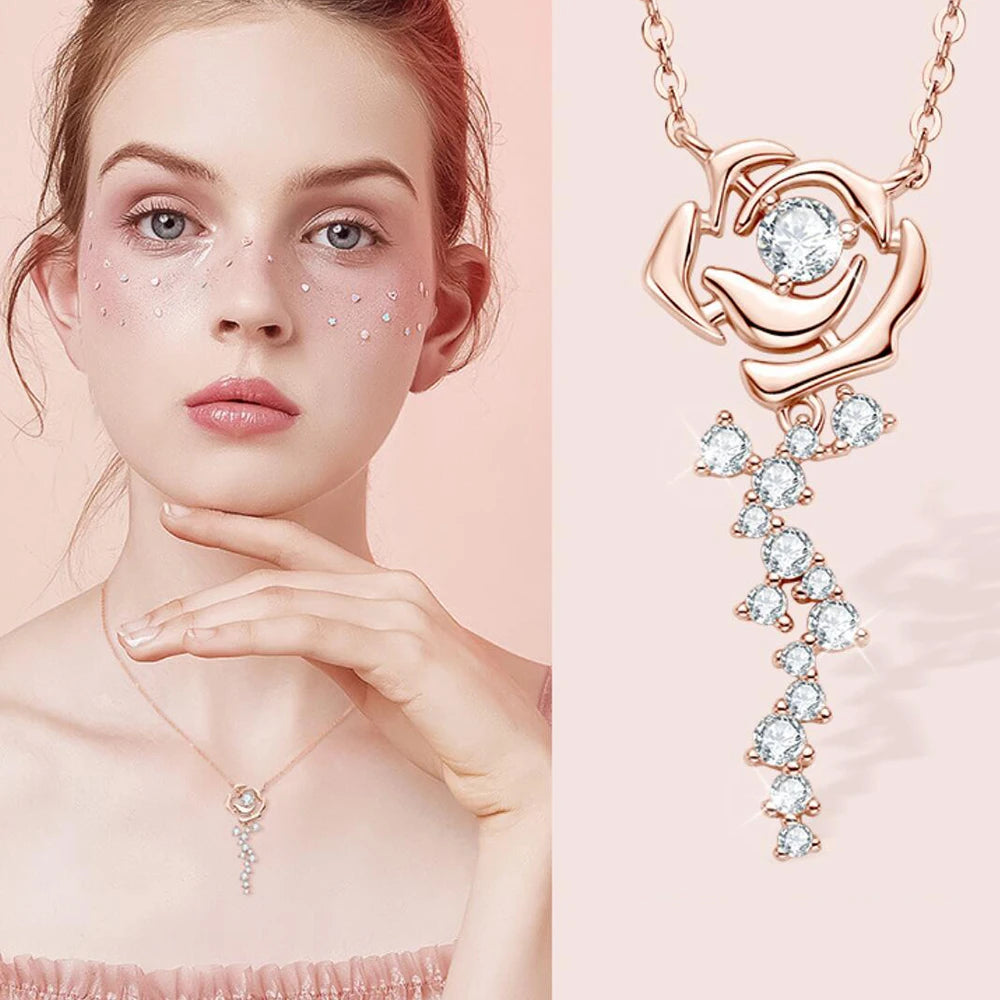Rose Gold Full Moissanite Necklace Original Certified 18k Gold Plated 925 Silver Rose Flower Choker Chains for Women Jewelry GRA