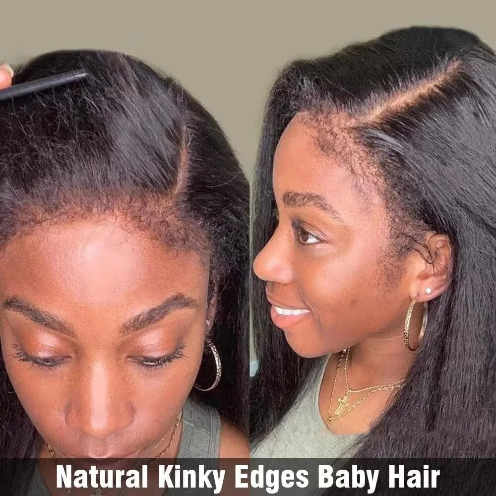 360 Yaki Straight With 4C Edges Pre Plucked Natural Hairline Insivible Strap Glueless Lace Frontal Wigs Kinky Straight Front Wig