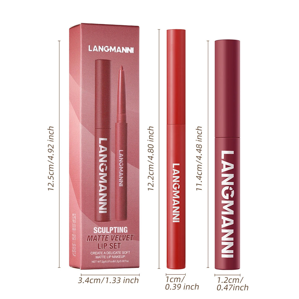 2Pcs/set Matte Soft Mist Slanted Mouth Lipstick + Lip Liner Set Combo Light Matte and Non-Drying Waterproof Non-Stick Lip Set