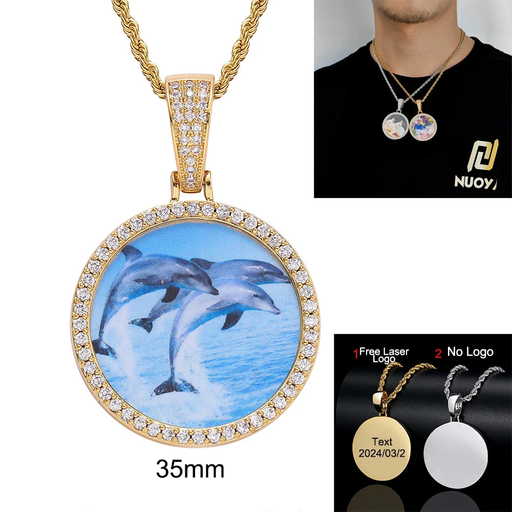 Custom Photo Necklace Circle Chain Personalized Medallion Memory Picture Pendant Solid Back Zircon Hip Hop Jewelry Free Engrave