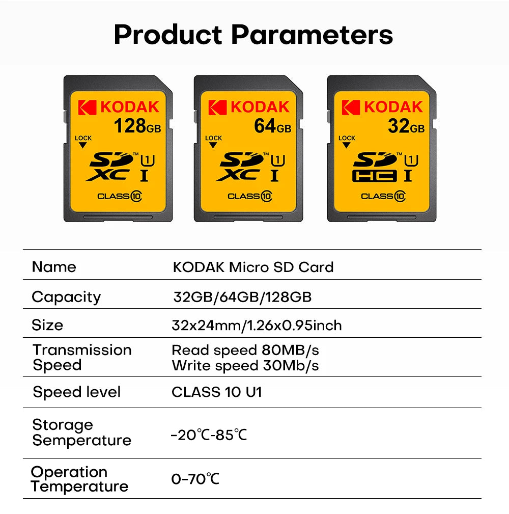 KODAK SD Card 32GB 64GB 128GB Class 10 U1 V30 High Speed Memory Card SDXC for DSLR Camera 4K Video