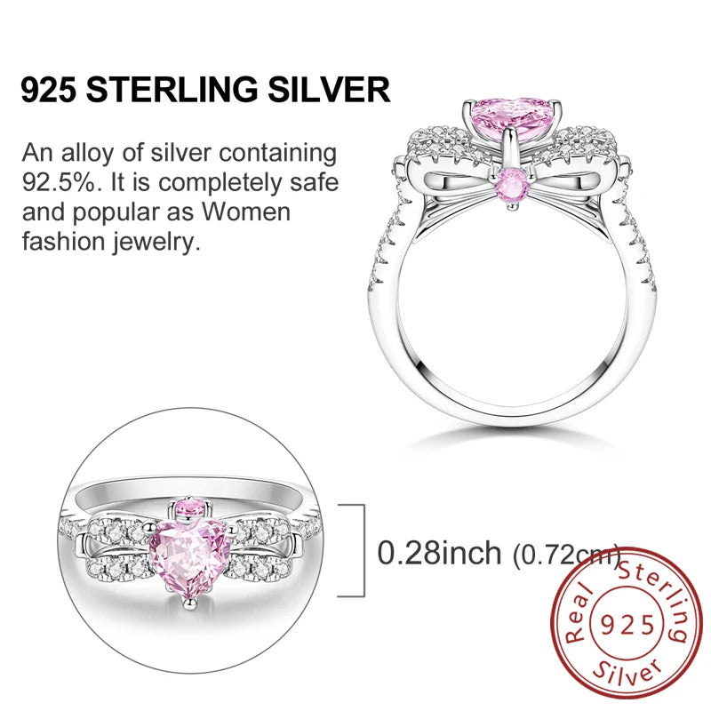 Anillos Apilables de Plata Esterlina 925 (Nuevos) – Lazo Rosa + Corazón (Tema Amor), Adecuados para Mujer y Chica