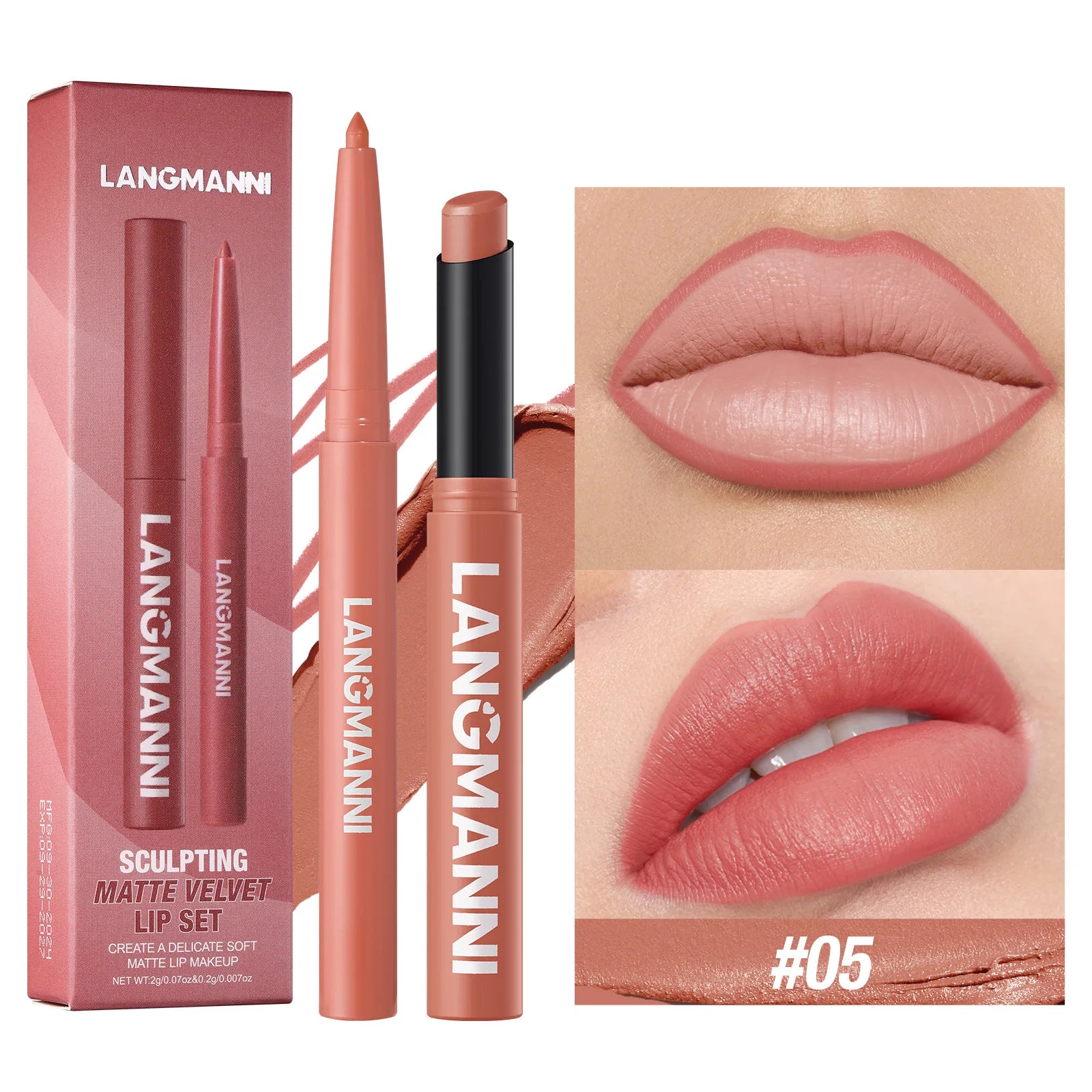 2Pcs/set Matte Soft Mist Slanted Mouth Lipstick + Lip Liner Set Combo Light Matte and Non-Drying Waterproof Non-Stick Lip Set