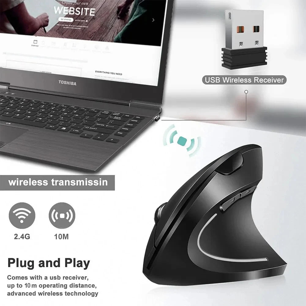 HOMEFISH Vertical Mouse Ergonomic 2.4GHz Wireless Optical Mice 3 Adjustable DPI 800/1200/1600 6 Buttons for Laptop PC Computer