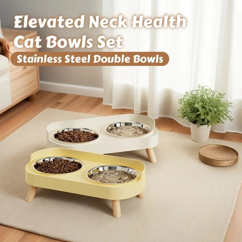 Fashion Pet Food And Water Station Dual Stainless Steel Bowls with Neck Support for Cats And Dogs