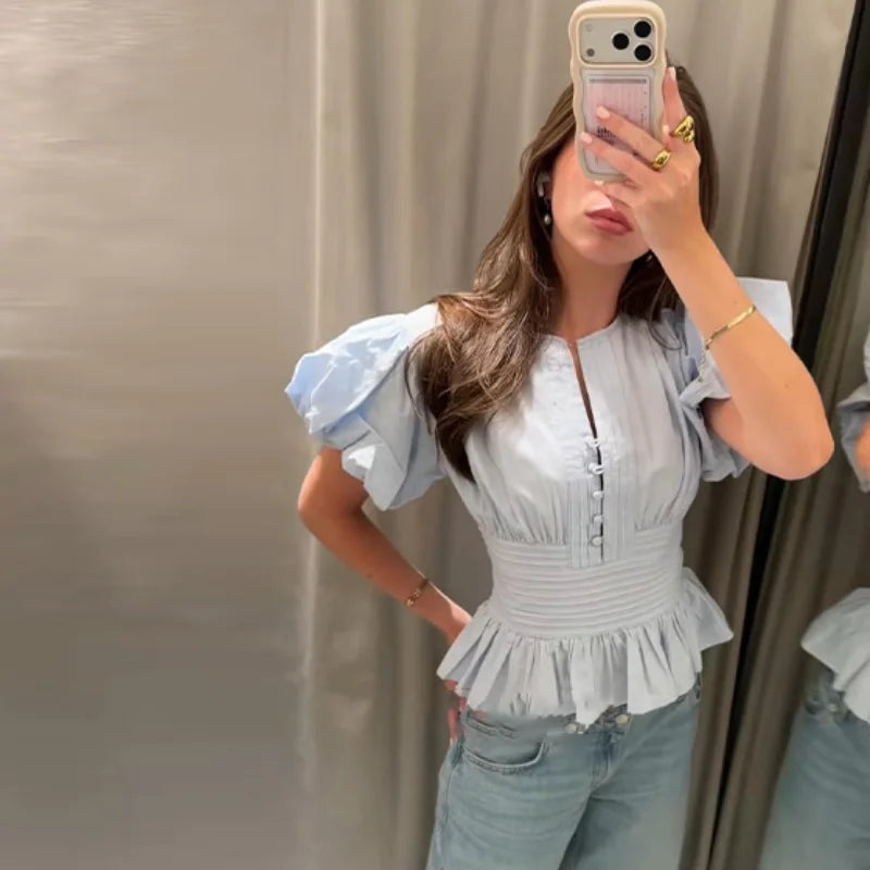 Women Round Neck Puff Sleeve Blouse Solid Lace Trim Asymmetrical Hem Slim Fit Shirt 2026 Spring Summer Chic Elegant Casual Top