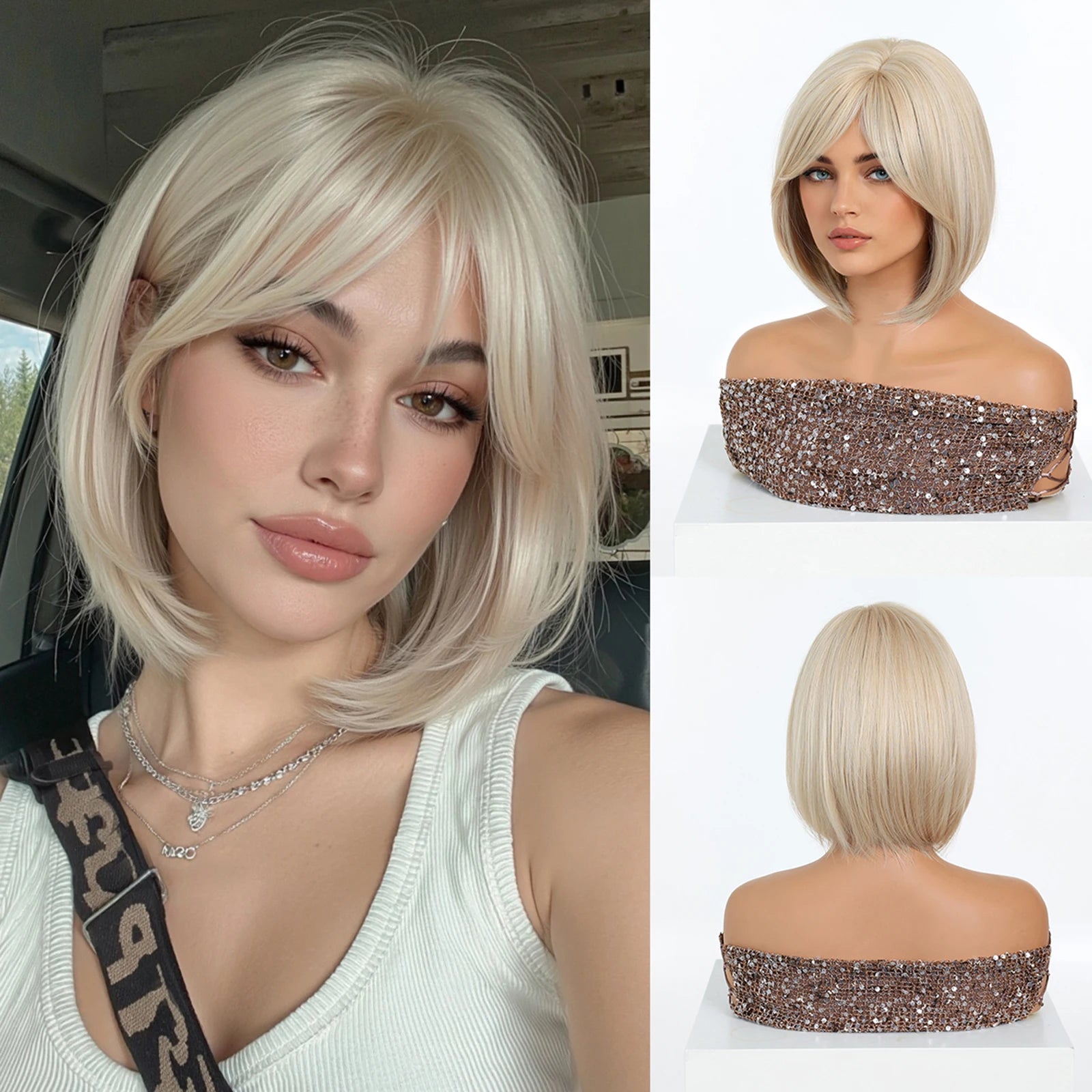 LOUIS FERRE Brown Bob Wig with Bangs for Women Short Synthetic Hair Wig Heat Resistant Natural Looking Daily Cosplay Party Use