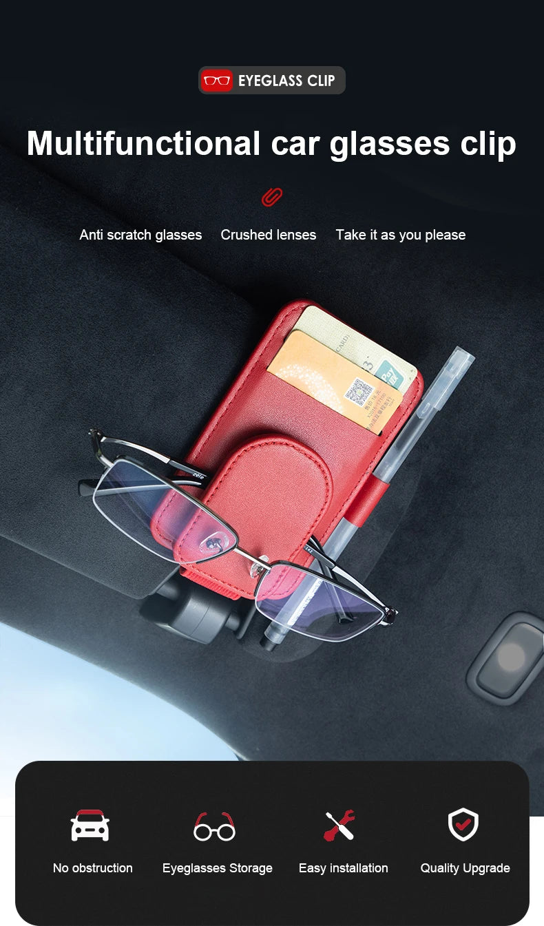 JFBONIN Leather Car Sun Visor Sunglasses Holder with Magnetic Clip Pen And Card Holder Creative Sunshade Storage Case