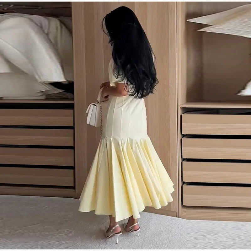 Women Fashion Solid Dress V-neck Ruffles Hem Short Sleeves Waist-cinching Draped Empire Dresses Summer Chic Elegant Summer Gown