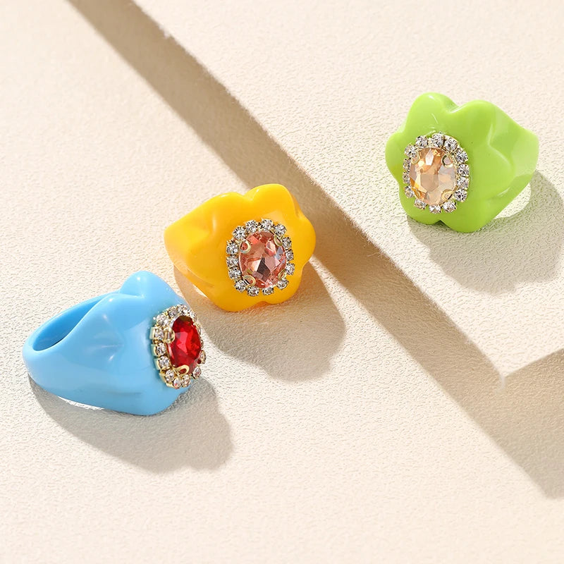 New Trendy Colorful Acrylic Rhinestone Rings Sets for Women Flower Large Finger Rings for Girls Korean Party Jewelry INS Gifts