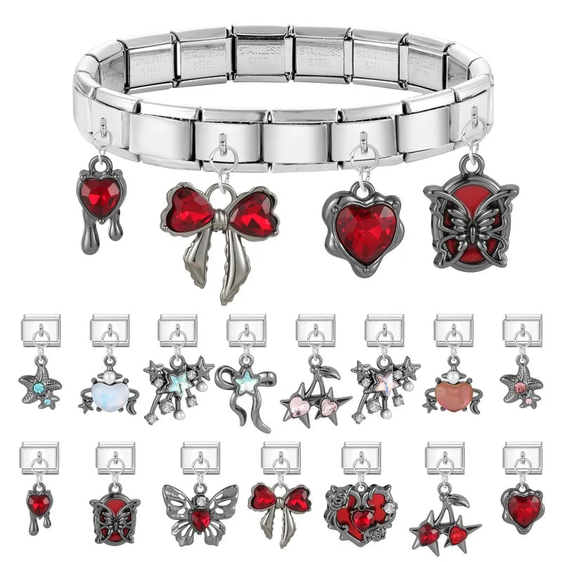 Red Sweet Cute Hollow Bow Knot Leaf Butterfly Rose Italian Charm Links Fit 9mm Stainless Steel Bracelet Jewelry DIY Making Gifts