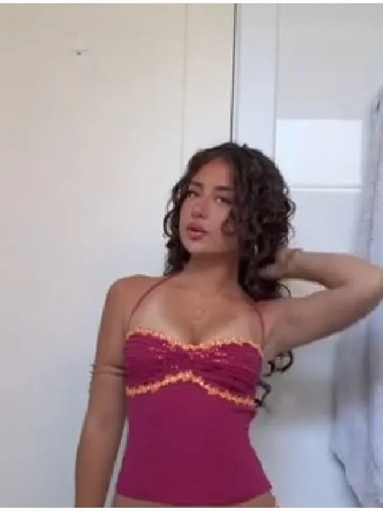 Chic Solid Color Matching Set Sequin Trim Cami Top Shinning Gold Trim Slim Fit Skirt Sexy Summer Vacation Party Club Outfit New