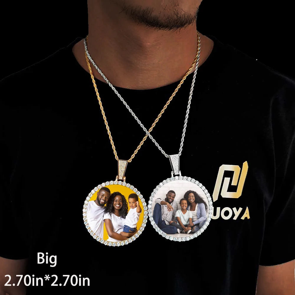 Custom Photo Necklace Circle Chain Personalized Medallion Memory Picture Pendant Solid Back Zircon Hip Hop Jewelry Free Engrave