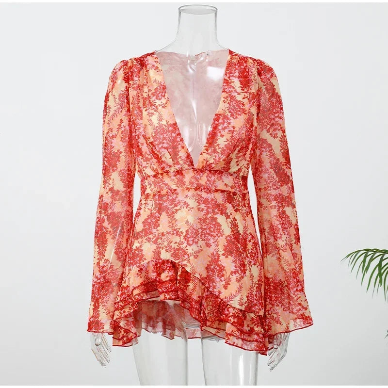 Women Elegant Printed Short Dress Chic V-neck Short Sleeve A-line Bodycon Mini Dresses 2026 Lady New Summer Vacation Street Robe