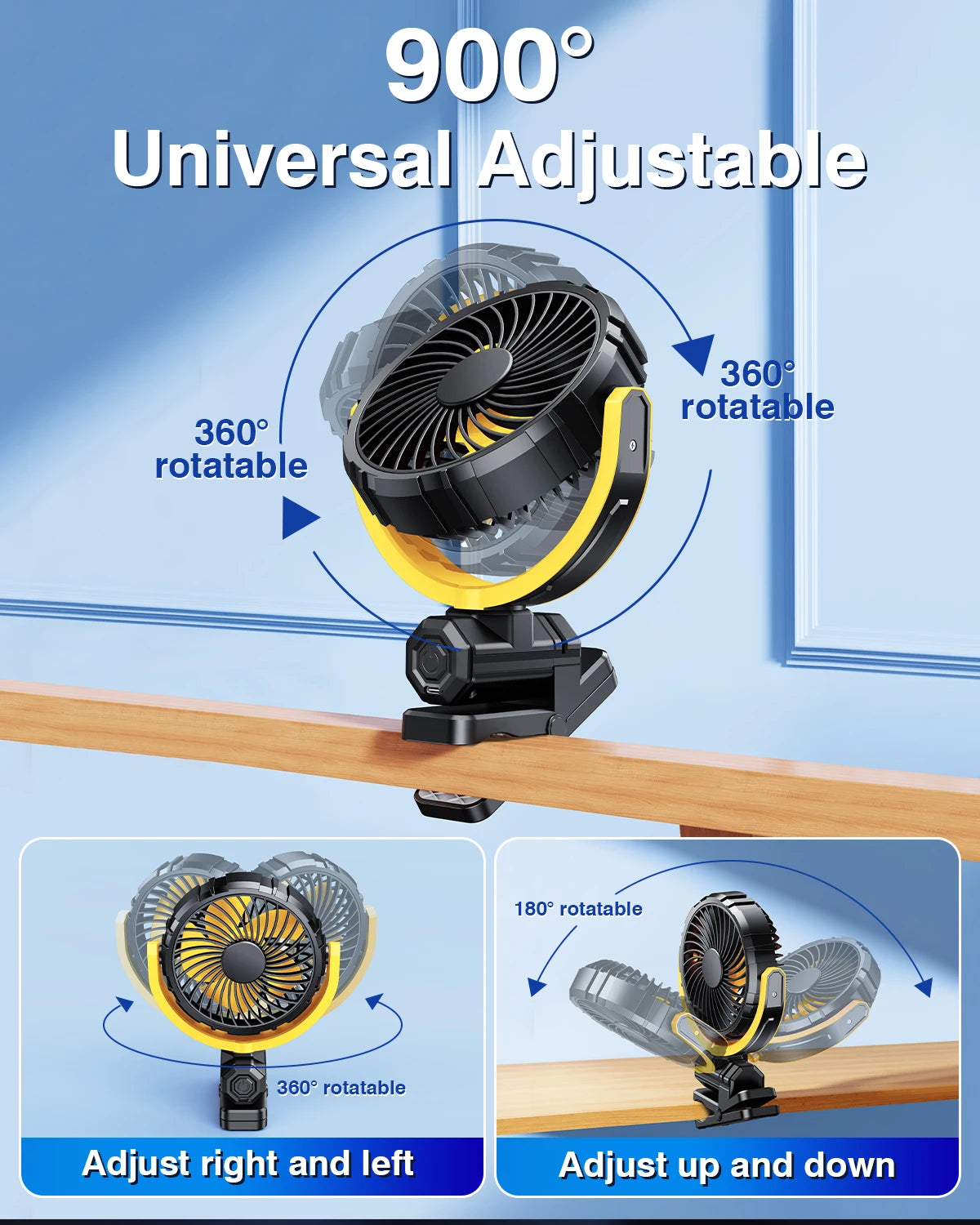 Hipacool Car Cooling Clamp Fan 2000mAh USB Rechargeable Fan Burshless Cooler 900° Rotatable Portable Cooling Tool Car Electronic