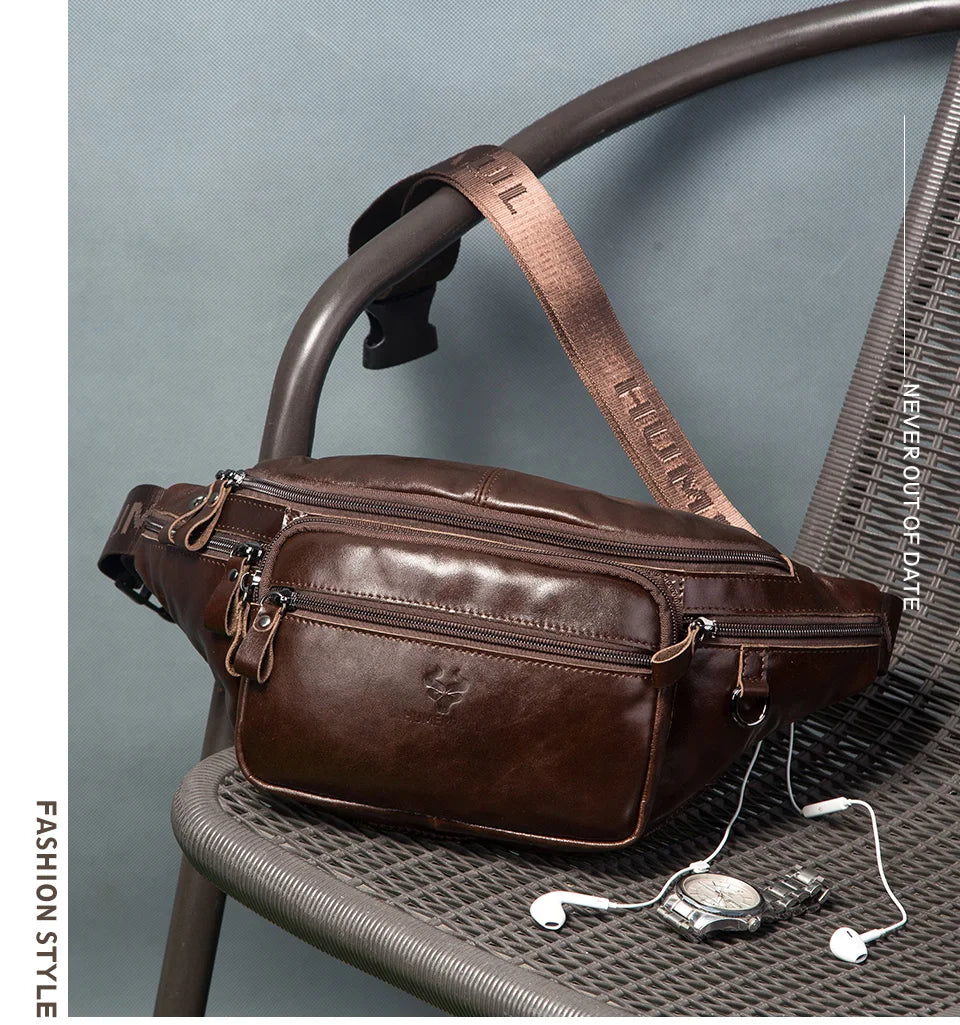 HUMERPAUL Genuine Leather Waist Bag Casual Fanny Pack For Men Multifunction Outdoor Chest Bag Phone Pouch Travel Crossbody Bages