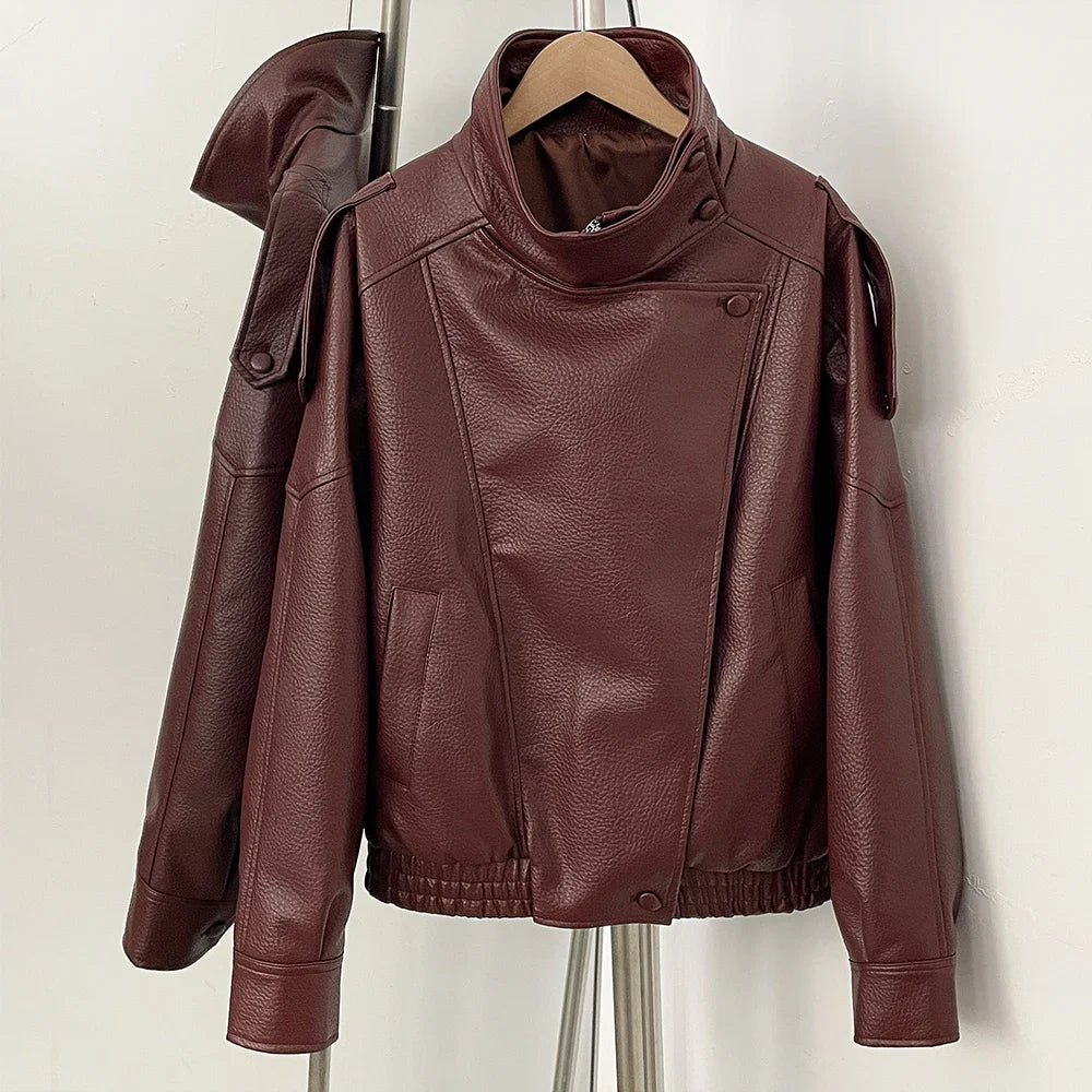 Fake leather Coat Women Y2k Faux Leather Jacket New Casual PU Jacket Motorcycle Style Leather Jacket Pebble Fall Personality