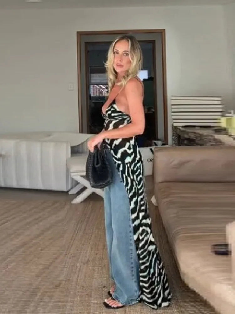 Casual Zebra Print Spaghetti Strap Maxi Top Versatile Long Leg Jeans Women Sheer Button Down Split Hem Daily Date Street Wear