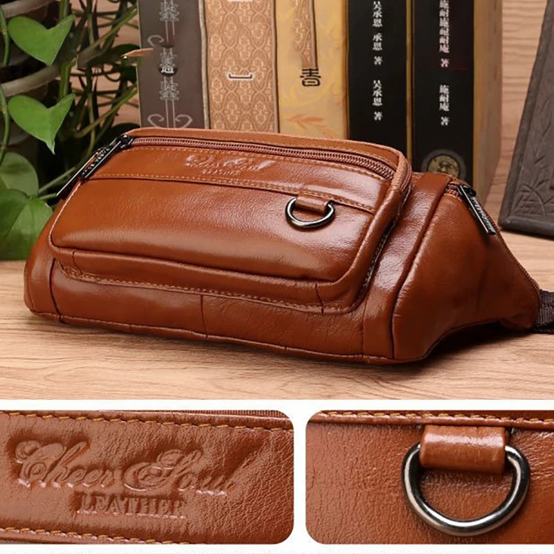 Men Waist Fanny Bags Sling Chest Bag Genuine Leather Casual Fashion Retro Cross body Male Real Cowhide Loop Hip Belt Bum Bag