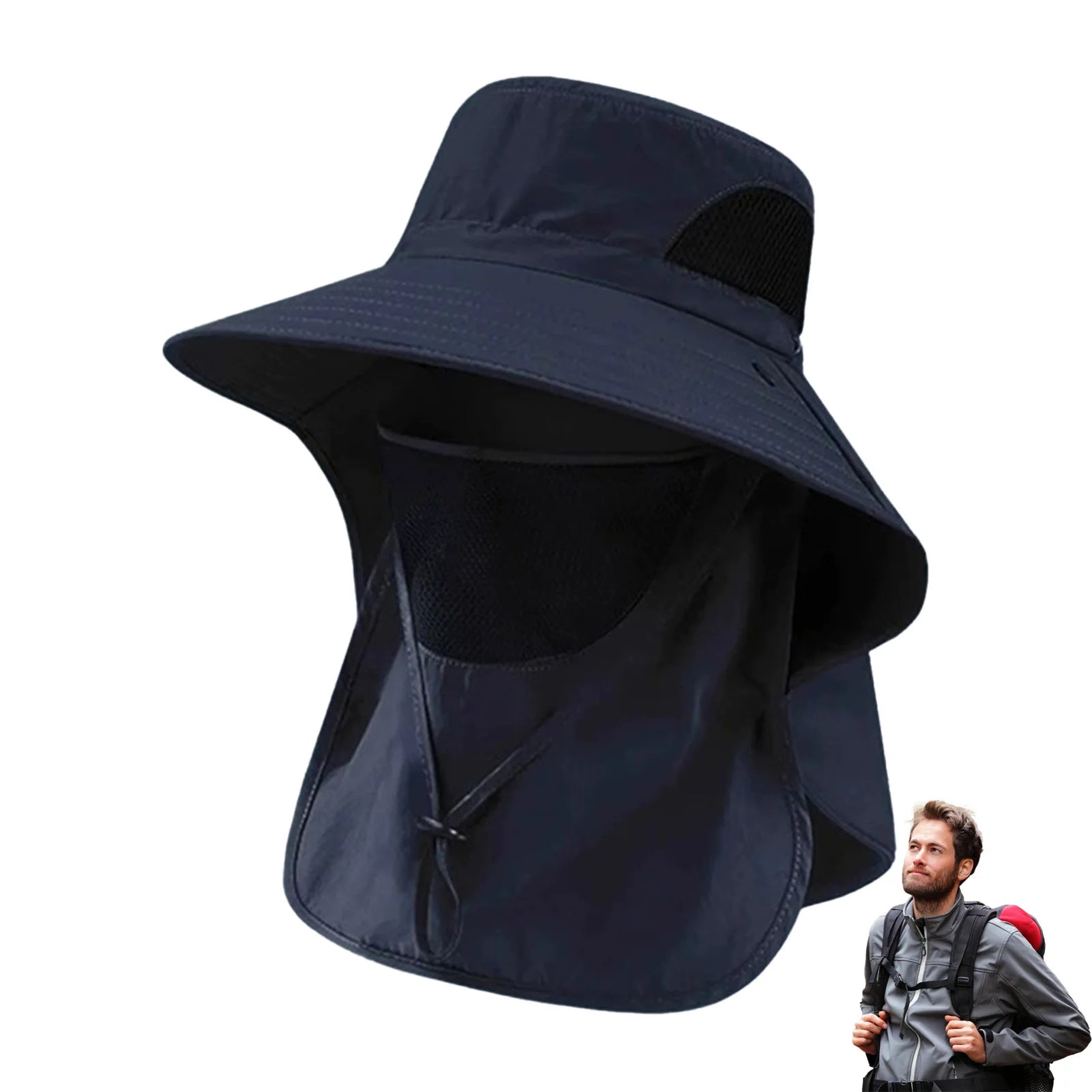 Polyester Sun Fishing Hat With Neck Cover Wide Brim UV Protection Breathable With Chin Strap For Beach Hiking Men Women