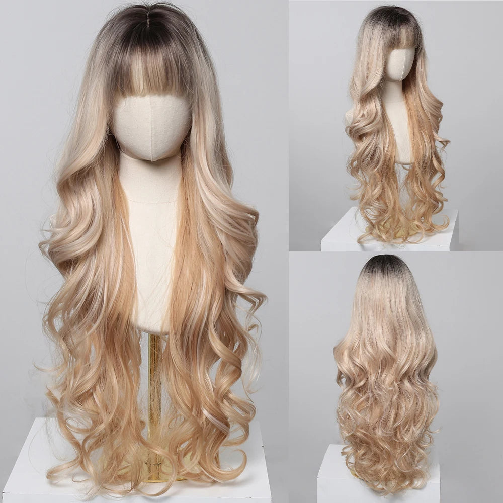 Party Wigs for Girls Fluffy Curly Hair with Bangs Orange Synthetic Wig for Women Cosplay Wigs Natural Daily Heat Resistant Fiber