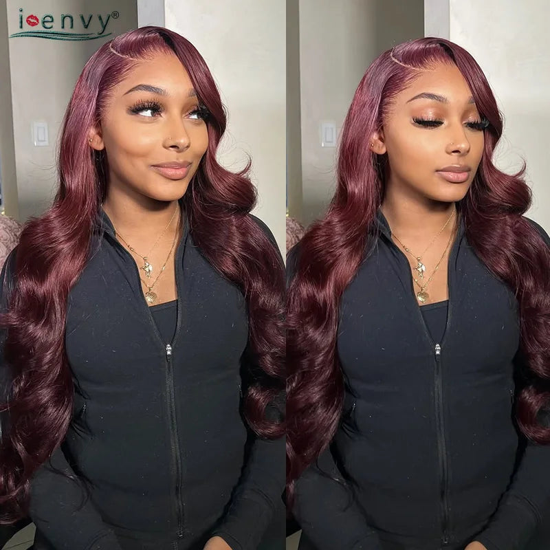 Cherry Red Burgundy 13X6 Lace Front Human Hair Wigs Body Wave 13X4 30 34 Inch 99J Colored Lace Frontal Wig Pre Plucked For Women