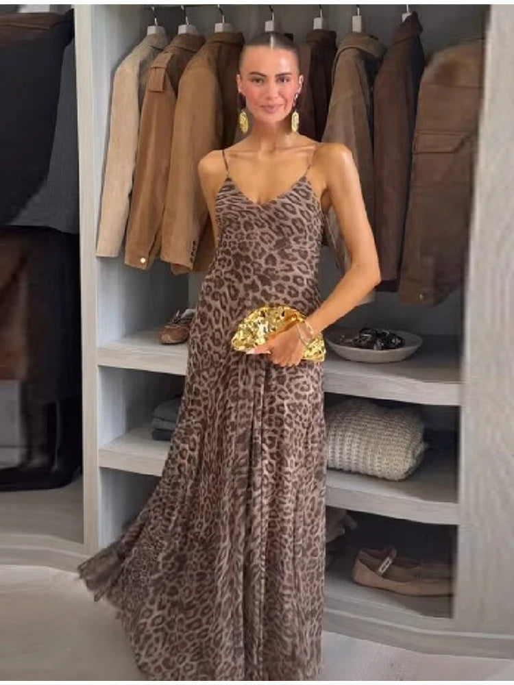 Vintage Chic Leopard Printed Sling Vestido Women Casual Backless Pleated Loose Fit Fold Spaghetti Strap Dress Vacation Beachwear