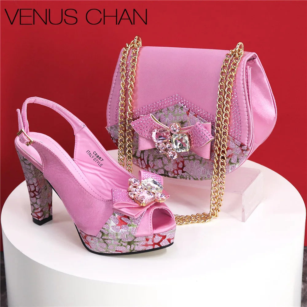 Italian Design Shoes and Bags Matching Set Women High Heel Party Black Color Nigeria Wedding Bigger Size Shoes