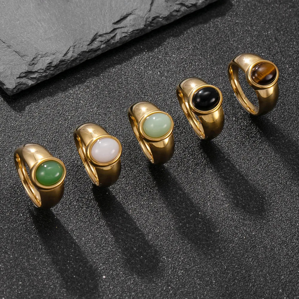 New Vintage Oval Shaped Natural Stone Ring for Women Stainless Steel Gold Color Ring Party Jewelry